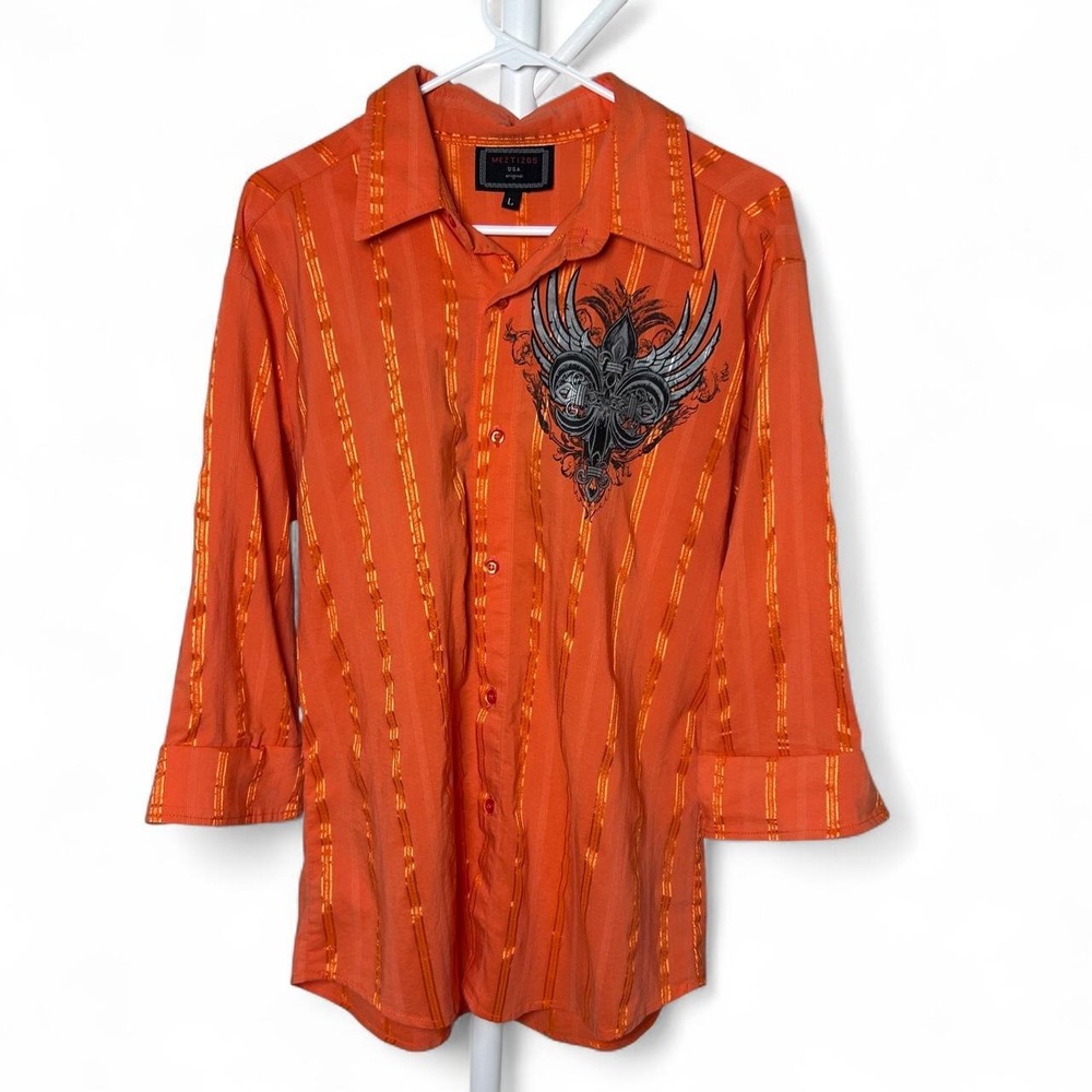 Meztizos Shirt Men's Large Orange Striped Cross Button-Up Affliction style